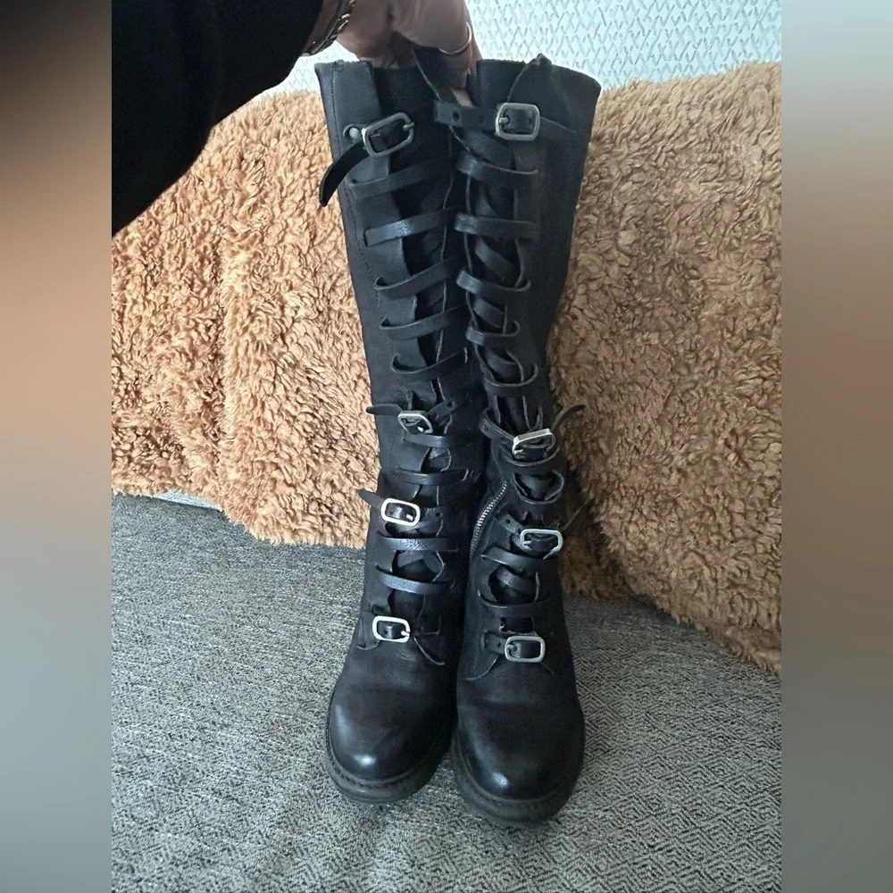 A.S.98 Black Lace-Up Buckle Boots - Picture 1 of 10